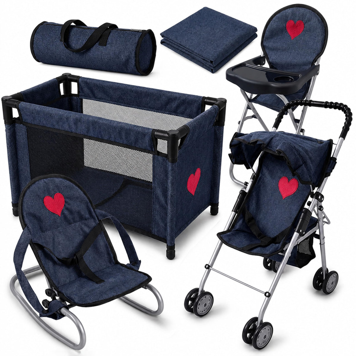 4-in-1 Baby Doll Stroller Set with Butterfly Design – Includes Toy Stroller, Crib, Bouncer & High Chair – Doll Accessories & Baby Doll Furniture Set for Kids Ages 3+ – Fits Dolls up to 18 Inches