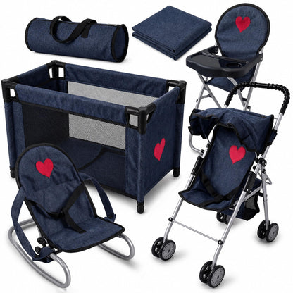 4-in-1 Baby Doll Stroller Set with Butterfly Design – Includes Toy Stroller, Crib, Bouncer & High Chair – Doll Accessories & Baby Doll Furniture Set for Kids Ages 3+ – Fits Dolls up to 18 Inches