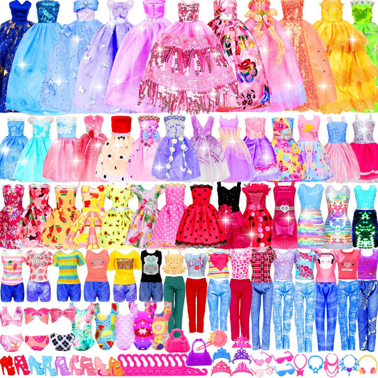 195 Pcs Doll Clothes and Accessories Kit, Include Princess Gowns, Fashion Skirt, Slip Dresses, Tops, Pants, Bikini Swimsuits, Shoes, Crowns, Necklaces, Glasses, Hangers in Gift Box for 11"-12" Dolls